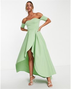 Шалфейно зеленое платье с открытыми плечами и асимметричным подолом True violet