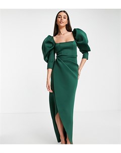 Платье макси хвойно зеленого цвета на запахе и с пышными рукавами ASOS DESIGN Tall Asos tall