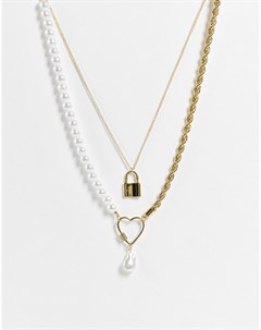 Золотистое ожерелье цепочка с искусственным жемчугом и подвесками в виде сердца и замочка Pieces