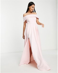 Нежно розовое платье макси для выпускного с открытыми плечами разрезом и карманами Black Label True violet