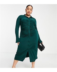 Облегающее темно зеленое платье рубашка миди узкого кроя со сборками ASOS DESIGN Curve Asos curve