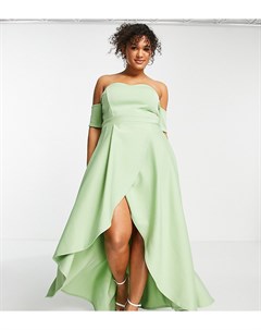 Шалфейно зеленое платье с открытыми плечами и асимметричной юбкой True violet plus