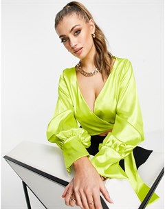 Светло зеленая атласная блузка с запахом и большими пышными рукавами Femme luxe