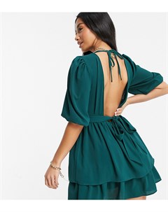 Темно зеленое ярусное платье мини с глубоким вырезом и завязками на спине ASOS DESIGN Petite Asos petite