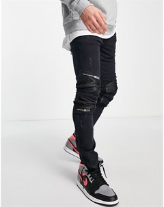 Черные джинсы со рваной отделкой и вставками из искусственной кожи на коленях Sixth june