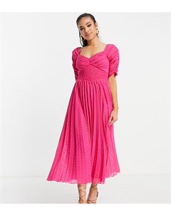 Ярко розовое плиссированное платье миди из шевронной ткани добби со сборками спереди и присборенной  Asos petite