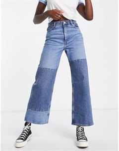 Синие укороченные джинсы из органического хлопка с широкими штанинами со вставками другого цвета Yok Monki