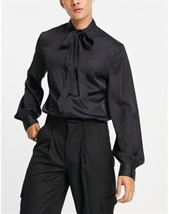 Атласная рубашка черного цвета с завязкой на воротнике и пышными рукавами на манжетах Asos design
