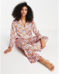Атласный пижамный комплект из брюк и рубашки с геометрическим принтом розового и оранжевого цвета с  Asos design