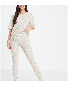 Пижамный oversized комплект со звериным принтом из футболки и леггинсов зеленого и розового цветов A Asos tall