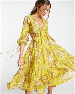 Ярусное платье миди из тонкой ткани с кружевной отделкой и принтом цветов глицинии Asos design