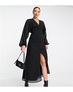 Черное платье миди с фактурным узором елочка рукавами летучая мышь и застежкой на пуговицах ASOS DES Asos tall
