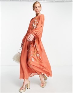 Мягкое платье макси рыжего цвета с вышивкой Asos design