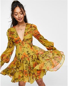 Платье мини оливкового цвета с плиссированным лифом многоярусной юбкой шнуровкой сзади и цветочным п Asos design