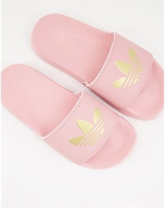 Легкие розовые шлепанцы с золотистым логотипом трилистником Adilette Adidas originals