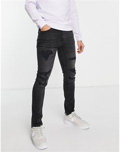Зауженные джинсы выбеленного черного цвета со рваной отделкой и заплатками Topman