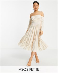 Платье миди светло бежевого цвета с плиссированной юбкой открытыми плечами и лифом в стиле корсета A Asos petite