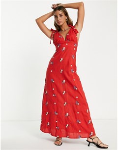 Платье макси красного цвета с завязывающимися бретельками и вышитыми ромашками Asos design