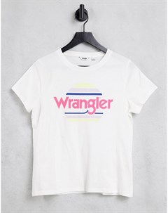Белая футболка с логотипом в стиле ретро и радужным логотипом Wrangler