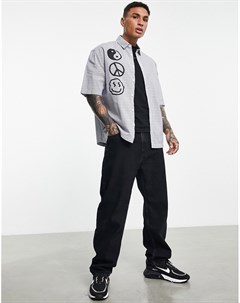 Рубашка в полоску серого цвета с рисунками в стиле граффити Topman