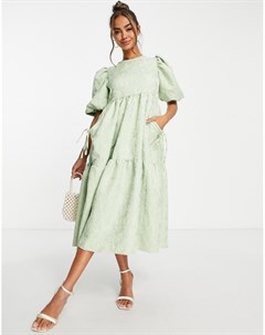 Ярусное жаккардовое платье миди шалфейно зеленого цвета с карманами на юбке Asos design