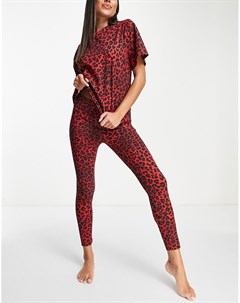 Пижамный комплект из футболки и леггинсов в стиле oversized красного цвета с леопардовым принтом Asos design