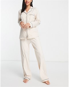 Мягкий пижамный комплект бежевого цвета в горошек с рубашкой с отложным воротником Lindex