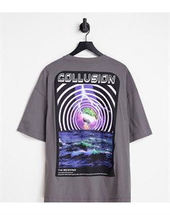 Темно серая футболка в стиле oversized с принтом Collusion