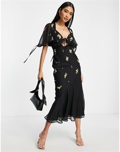 Черное платье миди косого кроя с цветочной вышивкой Asos design
