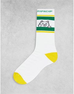 Белые носки с принтом кота Нермала и зеленой полоской RIPNDIP Rip n dip