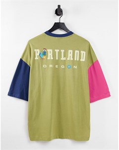 Oversized футболка в стиле колор блок цвета хаки с принтом Portland Asos design