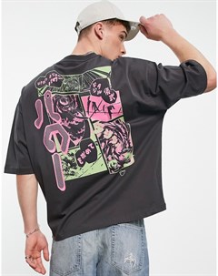 Серая oversized футболка с принтом из аниме на спине Asos design