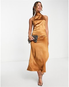 Атласное платье миди приглушенно коричневого цвета с завязкой на шее Pretty lavish