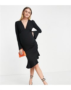 Черное облегающее платье миди с глубоким V образным вырезом и расклешенными манжетами ASOS DESIGN Ma Asos maternity