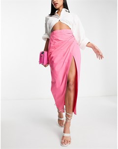 Хлопковая юбка миди розового цвета с разрезом с присборенным дизайном сбоку Asos design