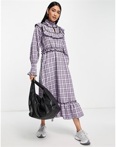 Фиолетовое платье в клетку с воротником и оборками Y.a.s