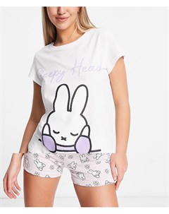 Пижамный комплект из шорт и футболки с надписью Sleepy Head и кроликом Миффи белого и сиреневого цве Poetic brands