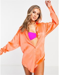 Атласная пляжная рубашка неонового оранжевого цвета в стиле колор блок Asos design