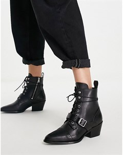 Черные кожаные ботинки на каблуке со шнуровкой и пряжкой Allsaints