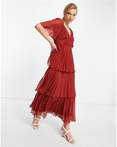 Плиссированное платье миди из ткани добби рыжего цвета с ярусной юбкой Asos design