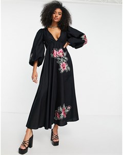 Поплиновое премиум платье миди черного цвета с пышными рукавами и вышивкой в стиле пэчворк Asos design