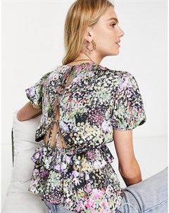 Атласная блузка с цветочным принтом и бантиками Topshop