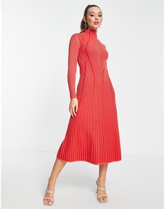 Красное трикотажное платье миди в рубчик French connection