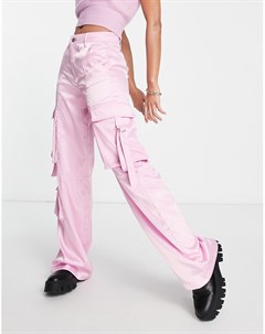 Ярко розовые атласные брюки карго с широкими штанинами Bershka