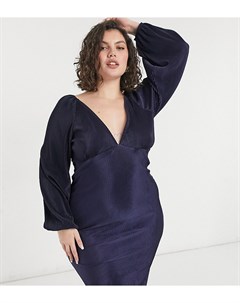 Темно синее плиссированное платье миди с объемными рукавами ASOS DESIGN Curve Asos curve