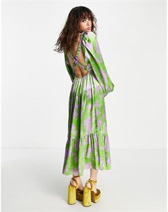 Атласное нарядное платье миди зеленого и фиолетового цветов с эластичными элементами на спине Topshop