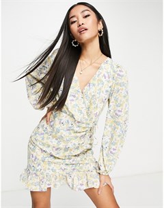 Платье мини с длинными рукавами завязкой сбоку и цветочным принтом в винтажном стиле Love triangle