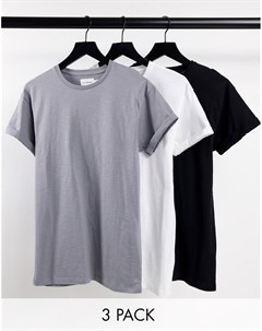 Набор из 3 футболок зауженного кроя с отворотами на рукавах черного серого и белого цвета Topman