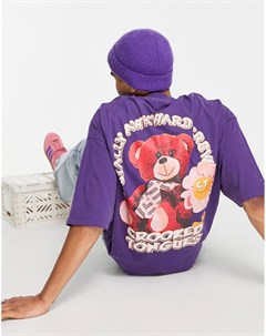 Фиолетовая oversized футболка с принтом плюшевого мишки Crooked tongues