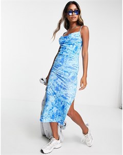Платье комбинация миди из сеточки с мраморным принтом синего цвета в стиле 90 х Topshop